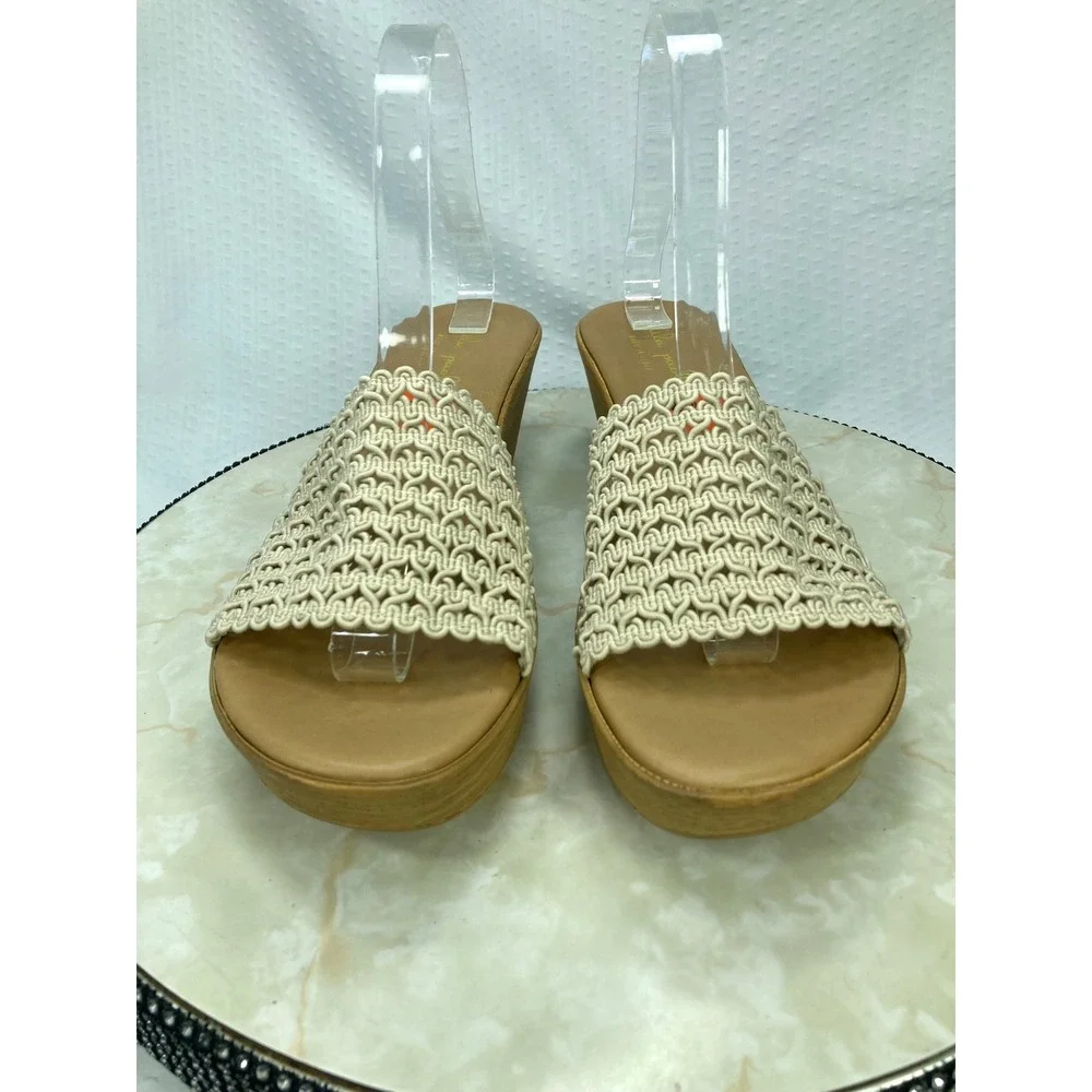 Mila Paoli Woven Macrame Wedge Sandals Women Sz 9.5 Beige Platform Summer Vacay